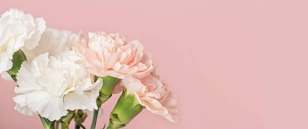 Άνοιξη λουλούδι μπουκέτο γαρύφαλλα πάνω από ροζ φόντο. Νυφικό μπουκέτο, online κεφαλίδα blog - Φωτογραφία, εικόνα