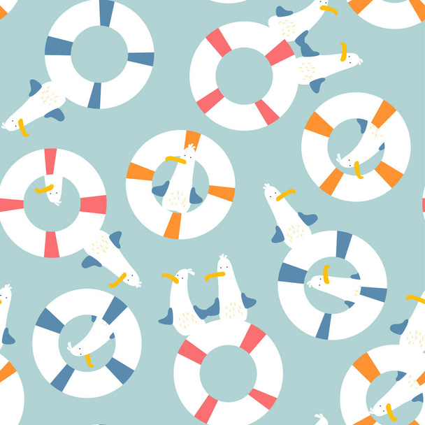 Vector Seamless Cute Seagull and Buoy Cartoon Pattern in Pastel Colors. - Vektor, kép