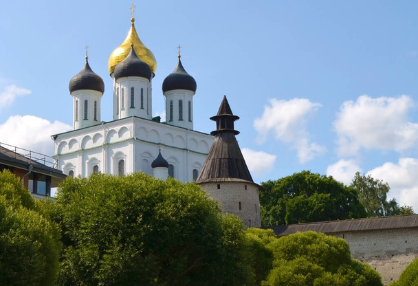 Türme und Kuppeln der Dreifaltigkeitskathedrale in Pskov, Russland - Foto, Bild