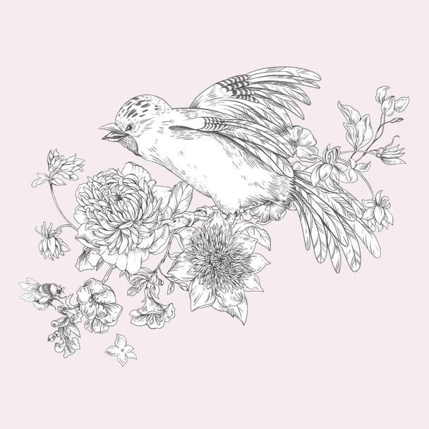 Pájaro con flores monocromo tarjeta de felicitación vintage. Ilustración floral natural sobre fondo rosa. - Foto, Imagen