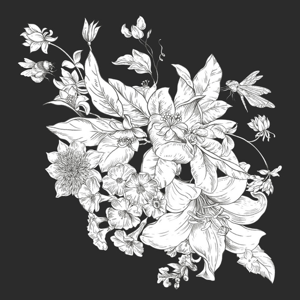 Ilustración floral vintage suave monocromática. Flores botánicas. Tarjeta de felicitación Regency, fondo dibujado a mano de estilo barroco en negro - Foto, imagen