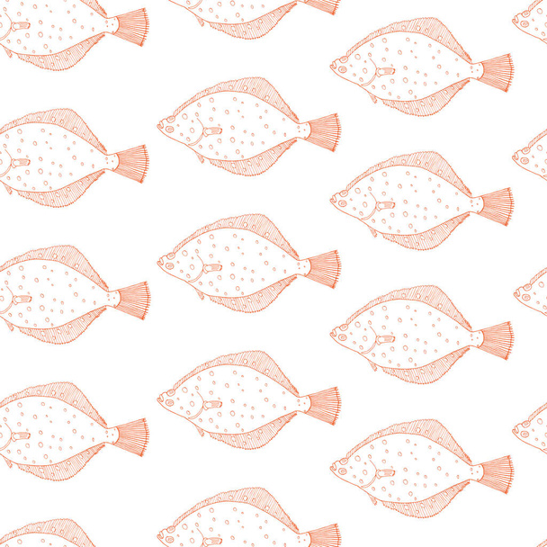 Seamless pattern of fish flounder, hand drawn. Can be used for packaging, menu, restaurant and cafe, market and etc. Vector illustration. - Vector, Image