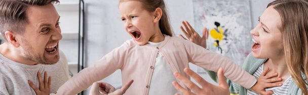 Screaming kid pushing away quarreling parents, banner  - Фото, зображення