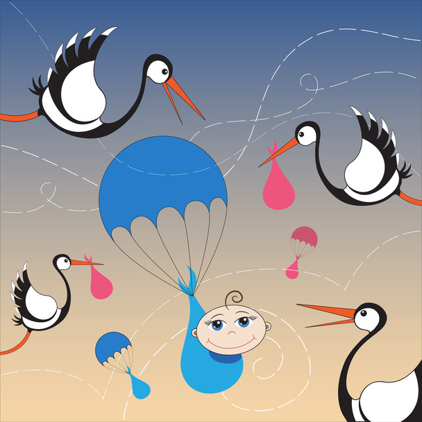 Storks and baby with parachute - Vector, afbeelding