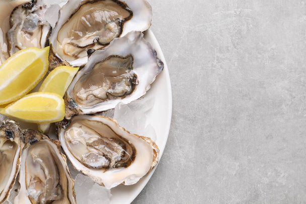 Delicious fresh oysters with lemon slices on light grey table, top view. Space for text - Foto, Imagen