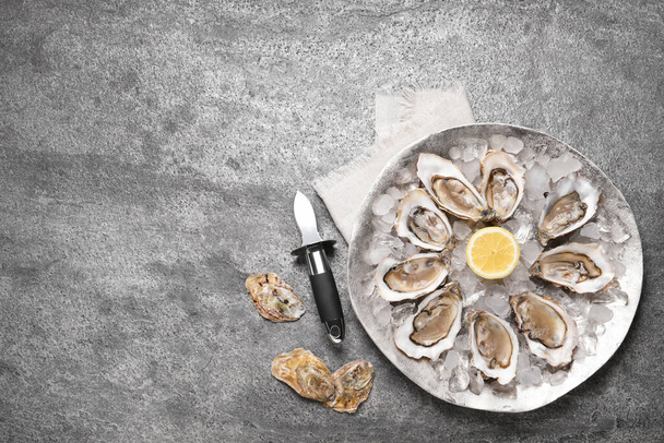 Delicious fresh oysters with lemon served on grey table, flat lay. Space for text - 写真・画像