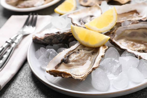 Fresh oysters with lemon and ice on grey table, closeup - Fotó, kép
