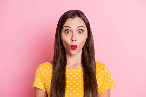 Photo of young attractive girl pouted lips send air kiss charming isolated over pink color background - Φωτογραφία, εικόνα