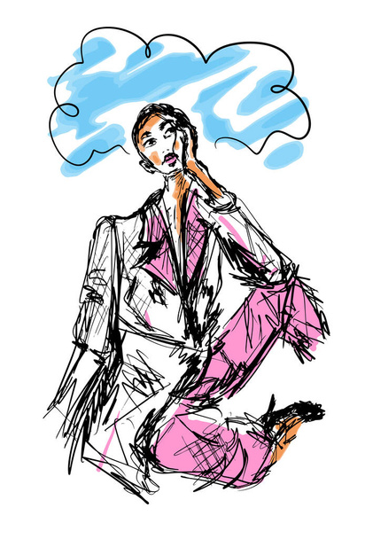 Schizzo disegnato a mano ritratto di un burnout al lavoro donna guardando verso l'alto sognando vacanza con eps10 discorso bolla vettoriale illustrazione isolato su sfondo bianco. - Vettoriali, immagini