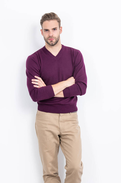 Be comfortable yet stylish. Handsome man keep arms crossed isolated on white. Fashion wardrobe. Casual style. Trendy menswear. Mens wardrobe. Comfortable is essential. - Fotografie, Obrázek