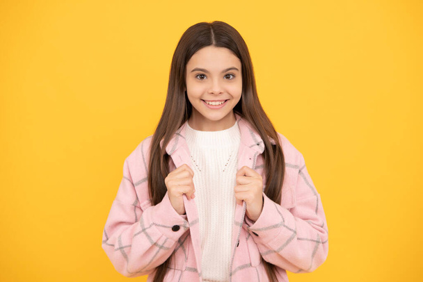 happy child girl wear pink checkered shirt, style. - Photo, Image