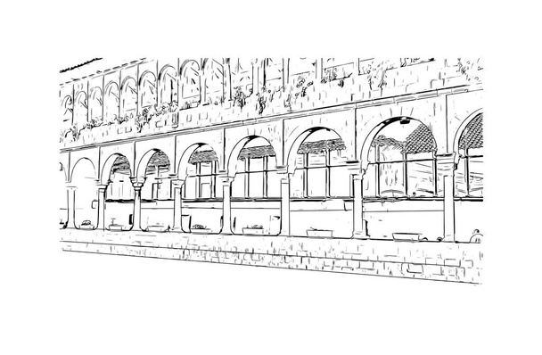 print building view mit Wahrzeichen von cusco ist die stadt in peru. Handgezeichnete Skizzenillustration im Vektor. - Vektor, Bild