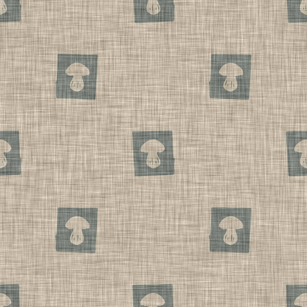 ハンドメイドのリネンブロック印刷キノコシームレスパターン。素朴な赤ちゃんシルエットイラストの背景。モダンなベージュスタイルのスキャンディ。デザイン上のすべての柔らかい布の繊維ファッション.  - 写真・画像