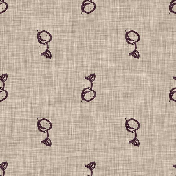 ハンドメイドのリネンブロック印刷チェリーシームレスパターン。素朴な赤ちゃんシルエットイラストの背景。モダンなベージュスタイルのスキャンディ。デザイン上のすべての柔らかい布の繊維ファッション.  - 写真・画像
