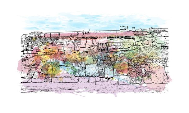 Print Building view with landmark of Cusco is the city in Peru. Watercolour splash with hand drawn sketch illustration in vector. - Vecteur, image
