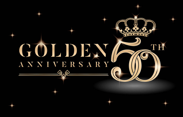 50th símbolo de aniversário de ouro com coroa e brilho cintilante fundos pretos isolados. aplicável para cartões de felicitações, convite, aniversário de casamento, banner e empresa ou negócio de celebração - Vetor, Imagem