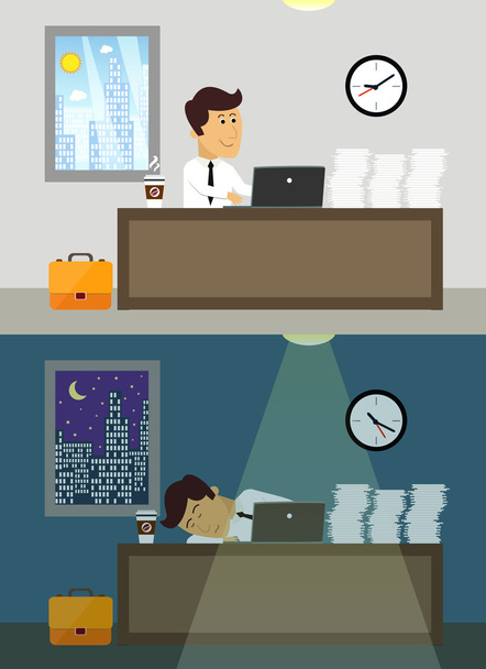 Днем и ночью офисный работник
 - Вектор,изображение