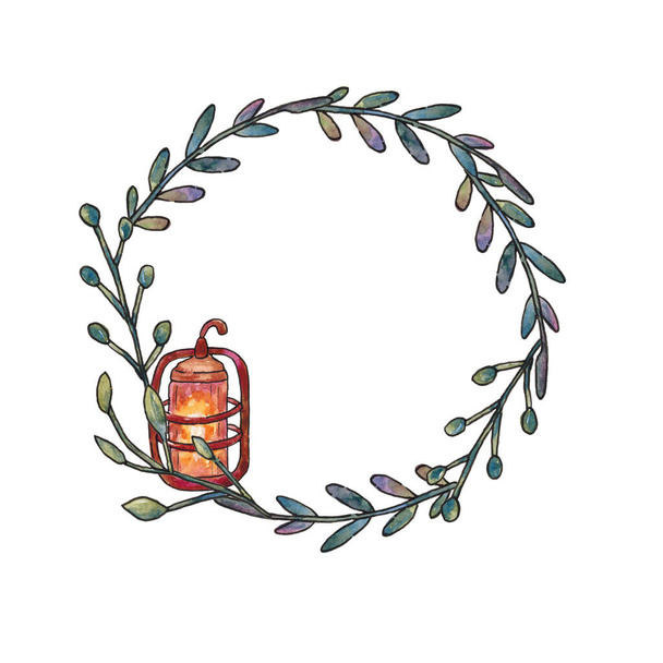 Decorative wreath with a lantern and branches. Frame with place for text.  - Φωτογραφία, εικόνα