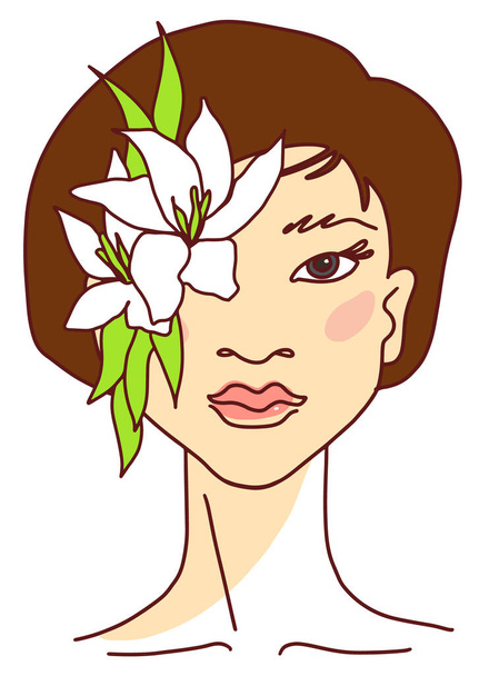 Beauté moderne asiatique fille portrait avec des fleurs sur le visage. Femme au lys blanc. Illustration vectorielle de doodle de style ligne - Vecteur, image