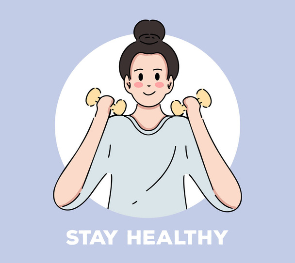 Poster van jonge vrouwen die dumbell optillen. Blijf gezond campagne, hand getekend stijl vector illustratie - Vector, afbeelding