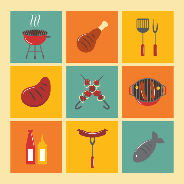BBQ grill ikonok lapos beállítása - Vektor, kép