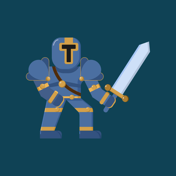 Caballero con armadura completa y espada listo para luchar con el icono de carácter, logotipo e ilustración - Vector, imagen