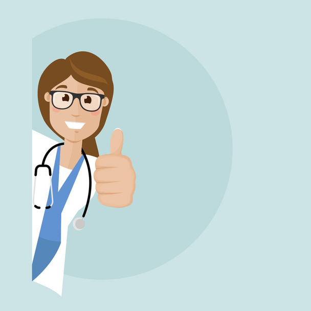 The female doctor peeks around the corner and show hand with thumb up. Vector flat illustration. - Vector, Image