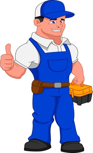 mechanic holding toolbox and thumb up - Vector, Image