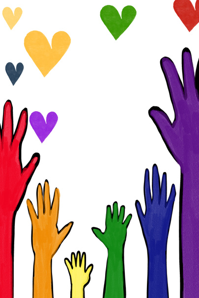 Dessin des mains dans des couleurs arc-en-ciel avec des cœurs, concept pour la célébration des communautés lgbtqai dans le monde entier dans le mois de la fierté, Juin. - Photo, image