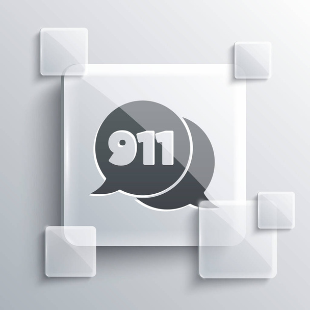 Téléphone gris avec appel d'urgence 911 icône isolée sur fond gris. Police, ambulance, pompiers, appel, téléphone. Panneaux carrés en verre. Vecteur. - Vecteur, image