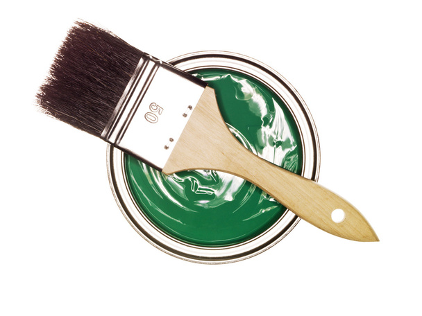 Boîte de peinture verte avec pinceau
 - Photo, image
