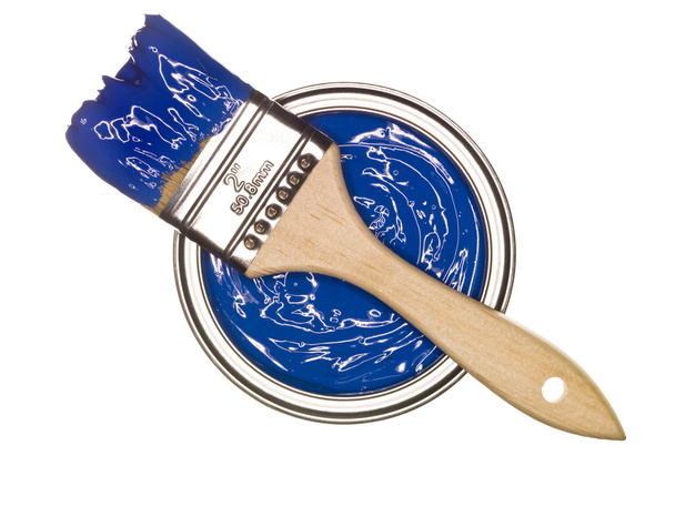 Blue Paint può con pennello dall'alto isolato su sfondo bianco
 - Foto, immagini