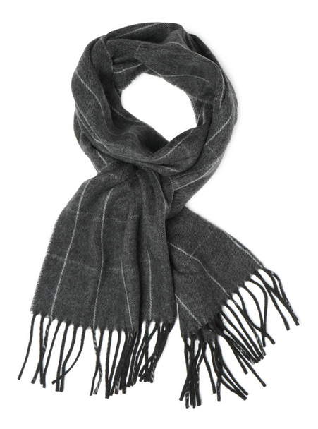 Stylish grey cashmere scarf isolated on white, top view - Fotografie, Obrázek