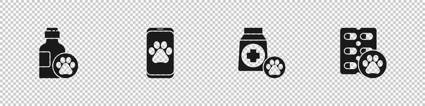 Set Pet shampoo, Veterinaire kliniek, Bag of food en Dog pil icoon. Vector. - Vector, afbeelding