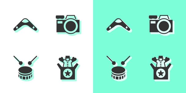 Set Jack in the box toy, Boomerang, Drum with drum sticks and Photo camera icon. Vector. - Vector, Image