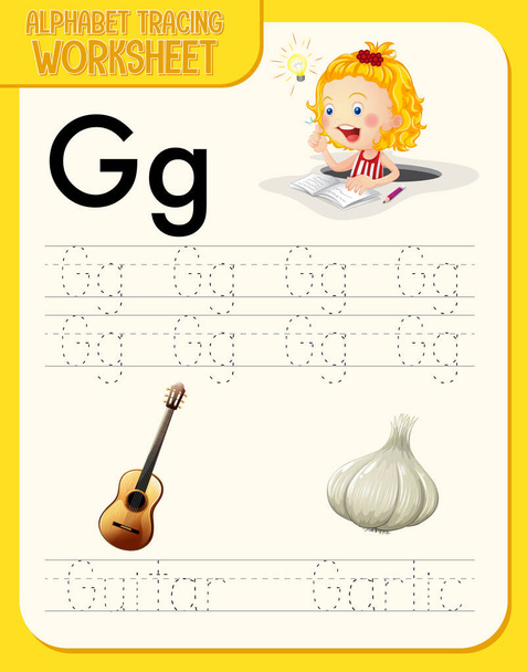 Hoja de trabajo de trazado del alfabeto con ilustración de letras y vocabulario - Vector, imagen