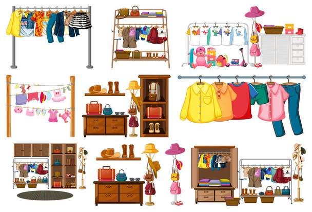 Set di vestiti, accessori e armadio isolato su sfondo bianco illustrazione - Vettoriali, immagini