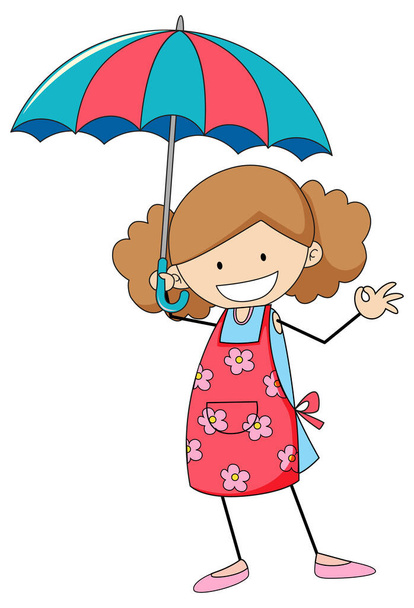 Menina bonito segurando guarda-chuva doodle desenho animado personagem ilustração isolada - Vetor, Imagem
