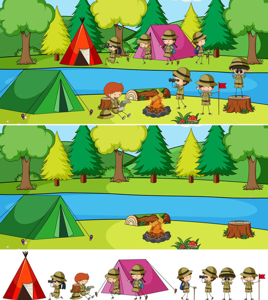 Scena di campeggio con molti bambini personaggio dei cartoni animati isolato illustrazione - Vettoriali, immagini