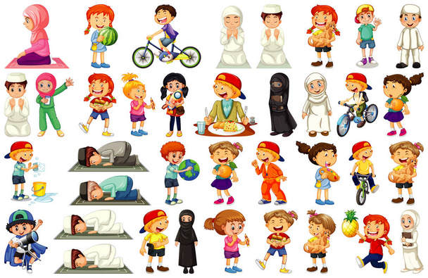 Bambini che fanno diverse attività personaggio dei cartoni animati impostato su sfondo bianco illustrazione - Vettoriali, immagini