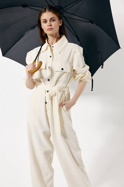 woman open umbrella white suit fashion modern style - Photo, Image
