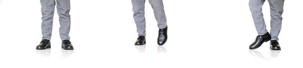 A series of  photos with  boy's legs in black shoes in different positions on white background - Photo, Image