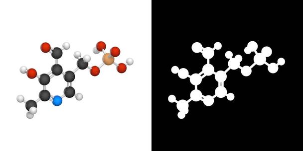 ビタミンB6 (Pyridoxal linate)の分子構造。3Dイラスト。化学構造モデル:ボールとスティック。RGB + Alpha (透過)チャンネル. - 写真・画像