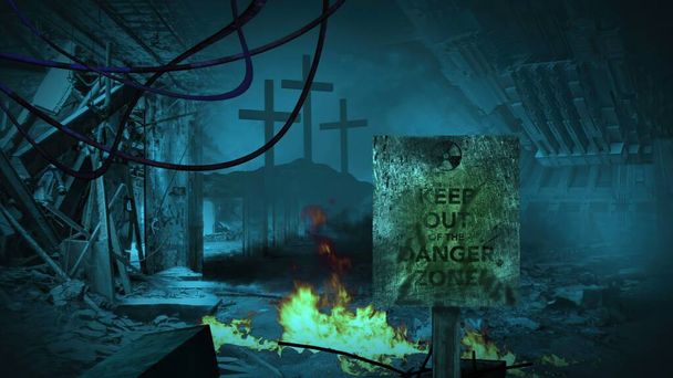 Ilustración 3D del signo Zona de peligro - Escena post apocalíptica - Foto, Imagen