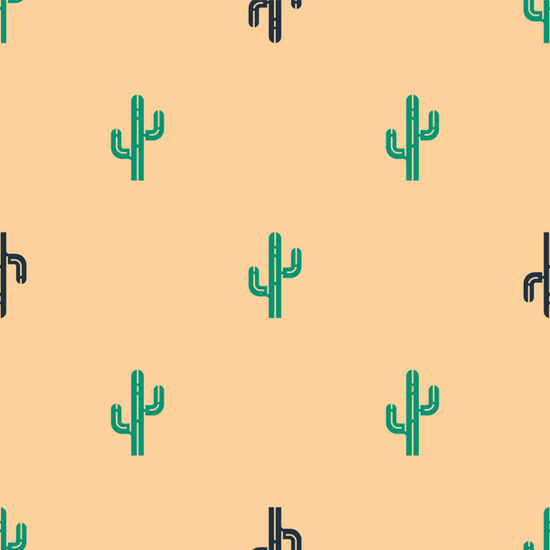 Green and black Cactus icon isolated seamless pattern on beige background.  Vector. - Vektör, Görsel