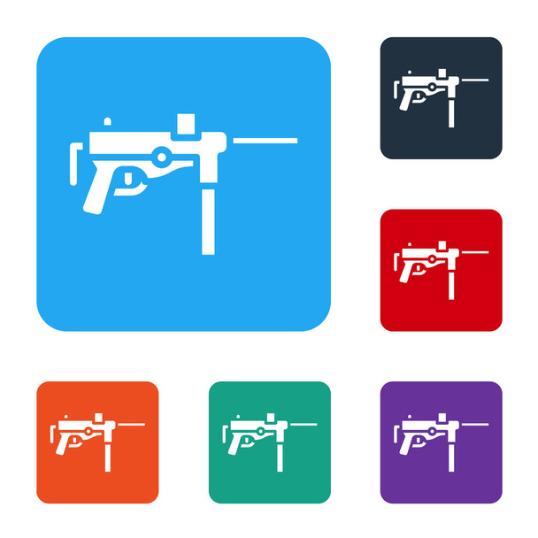 Weiße Maschinenpistole M3, Ikone Fettpistole isoliert auf weißem Hintergrund. Setzen Sie Symbole in farbigen quadratischen Tasten. Vektor. - Vektor, Bild