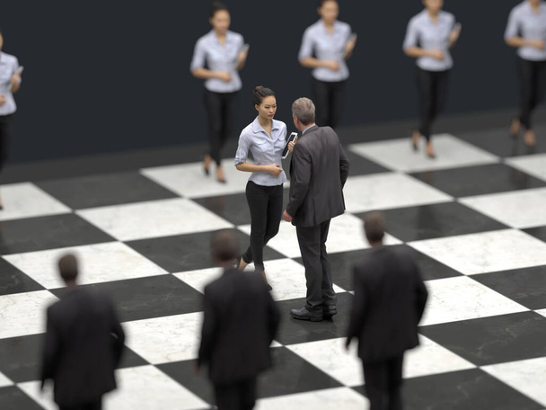 стратегия переговоров, деловые люди встречаются на шахматной доске  - Фото, изображение