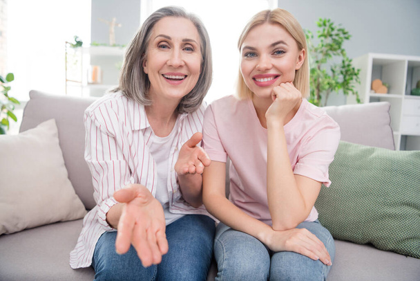 Portrait of two attractive cheerful women sitting on cozy divan calling video talking free time at home indoor - Fotoğraf, Görsel