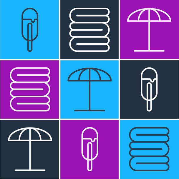 Set line Zmrzlina, Sluneční ochranný deštník pro pláž a ručník stack ikonu. Vektor. - Vektor, obrázek