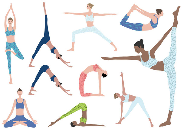 Плоская иллюстрация Набор женщин, занимающихся йогой упражнения. Простота в использовании векторные иконки различных позиций йоги изолированы на белом фоне. - Вектор,изображение